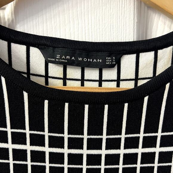 Zara Woman Women's Dress Size S Black White Grid Skater Structured Stretch Dress - Picture 3 of 5